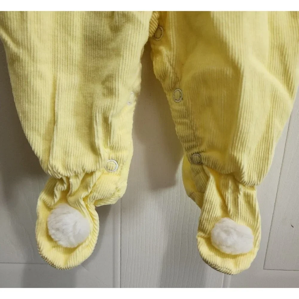 Vintage Betti Tirell Sleeveless Overalls Footie Pom Poms Yellow Corduroy Size 3M